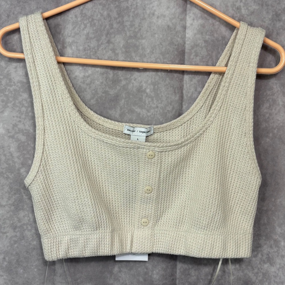 NWT Better Together WomensLarge Waffle Knit Cropped Tank Top‎ Button Front Beige
